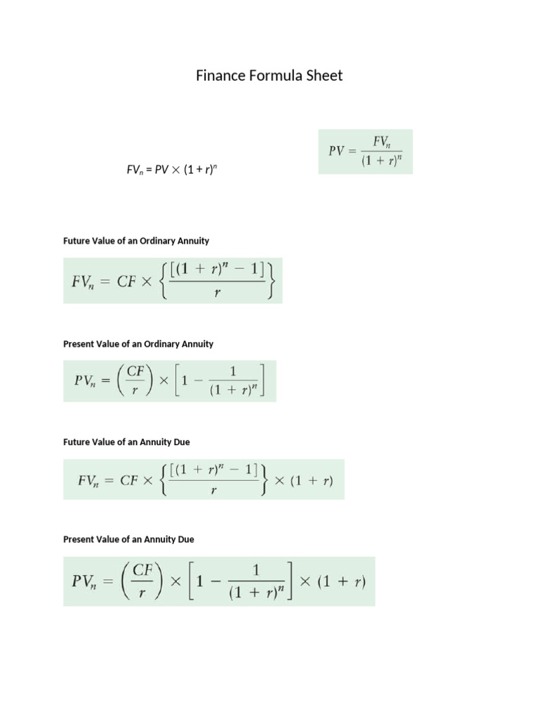 Finance Formula Sheet | PDF