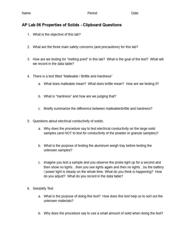 AP Lab 06 - Clipboard Questions (2025-26) | PDF | Materials Science ...