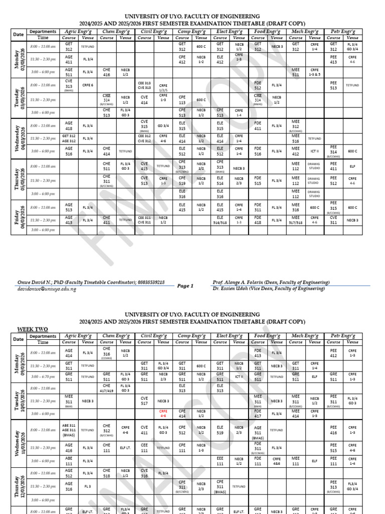 2024-2026 First Semester Exam Timetable - Faculty of Engineering | PDF