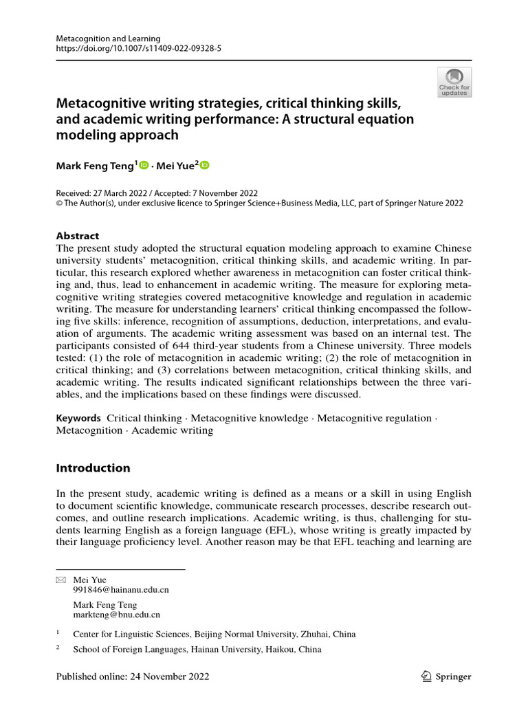 Metcognition and Learning | PDF | Metacognition | Critical Thinking