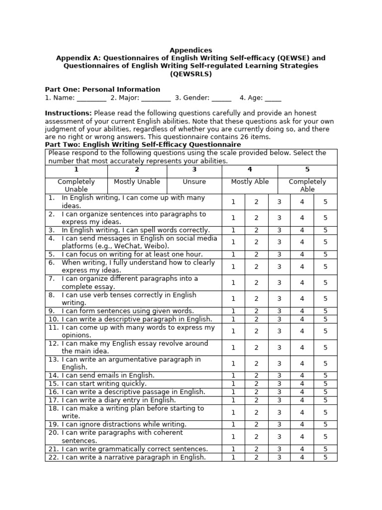 Questionnaires of English Writing Self-Efficacy (QEWSE) and ...