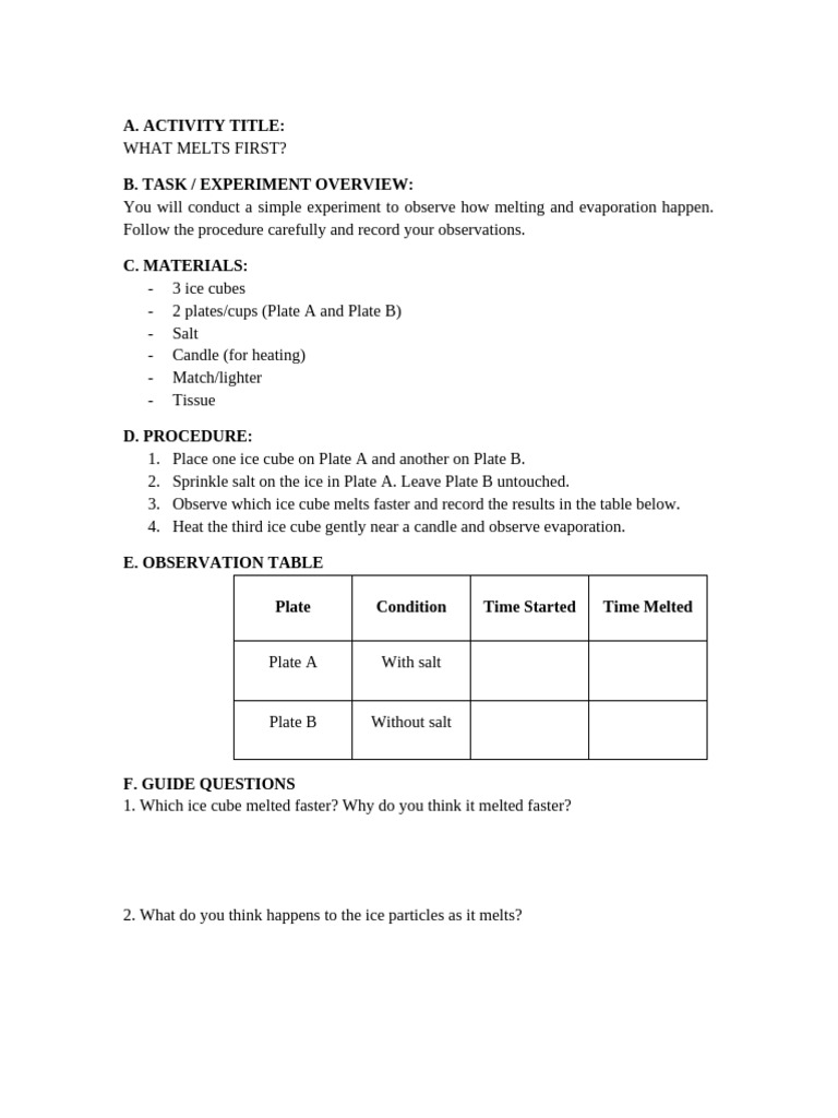 What Melts First Worksheet | PDF