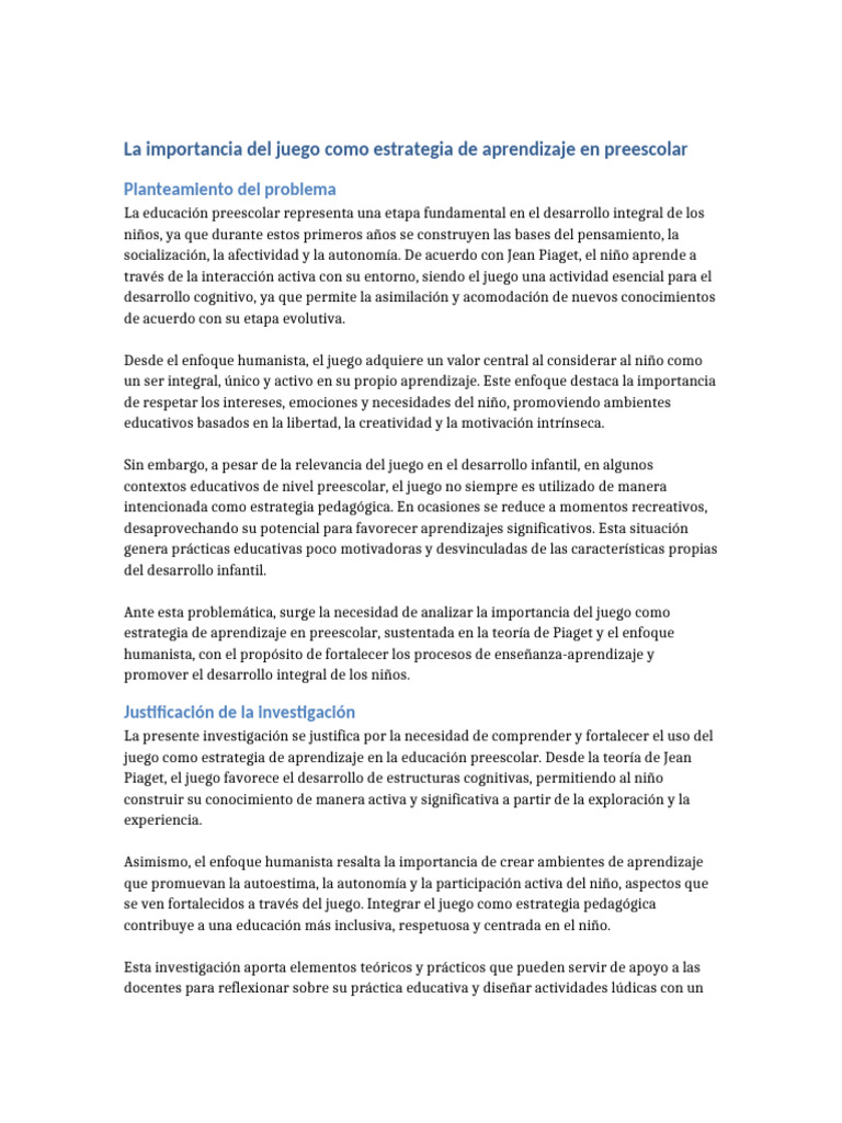 Juego Como Estrategia de Aprendizaje en Preescolar | PDF | Educación de ...