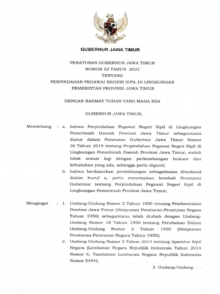 Pergub Jatim No 52 Tahun 2022 Tentang Perpindahan PNS-TTD Gub | PDF