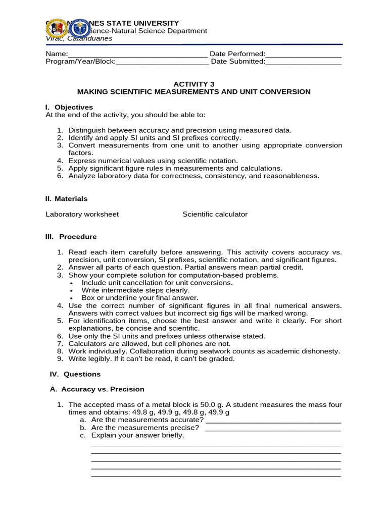 Activity 3 Making Scientific Measurements and Unit Conversion | PDF ...