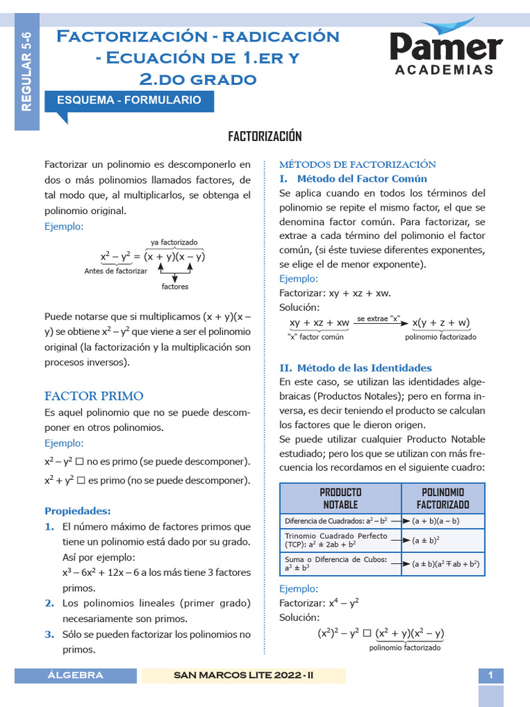 Álgebra - Fusión Reg 5 y 6 - Factorización - Radicación - Ecuación de 1 ...
