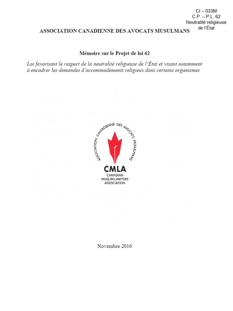 Mémoire Sur Le Projet de Loi 62 - Neutralité Religieuse | PDF | Canada ...