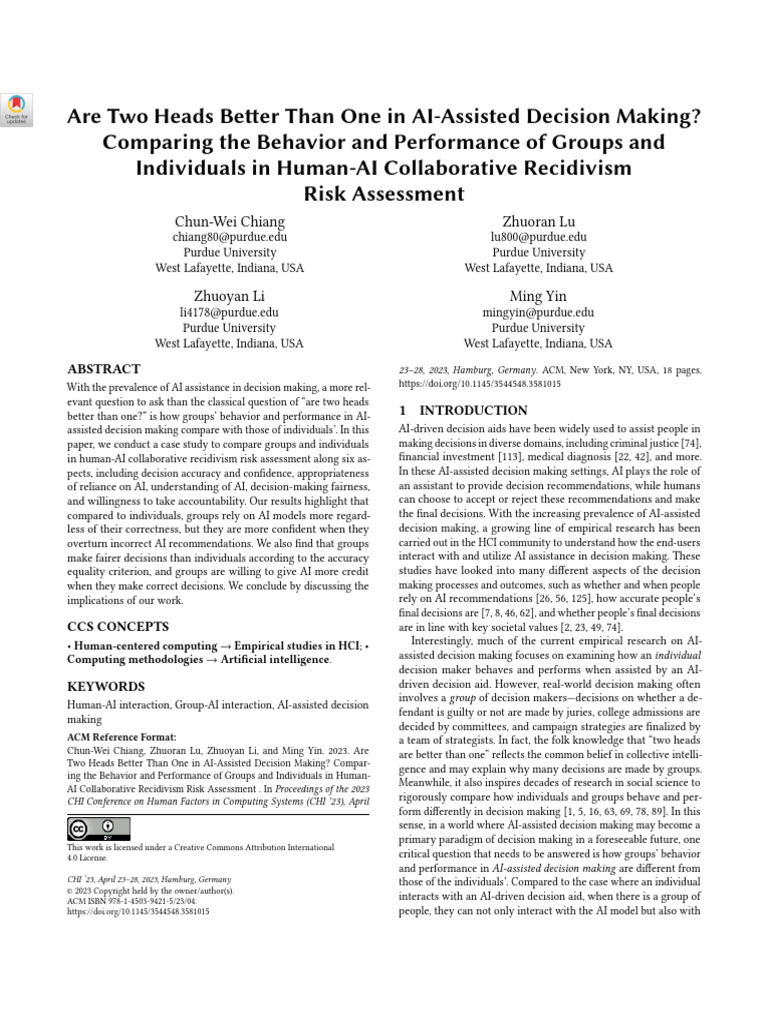 Are Two Heads Beter Than One in AI-Assisted Decision Making? | PDF ...