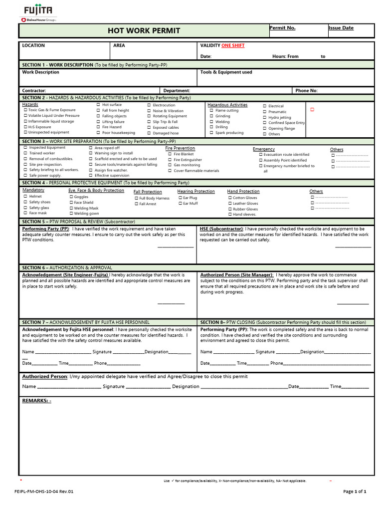 FJT FM OHS 10 04 Rev.01 Hot Work Permit | PDF | Safety | Occupational ...