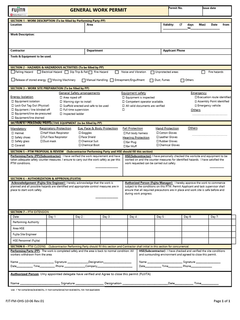 FJT FM OHS 10 06 Rev.01 General Work Permit | PDF | Personal Protective ...
