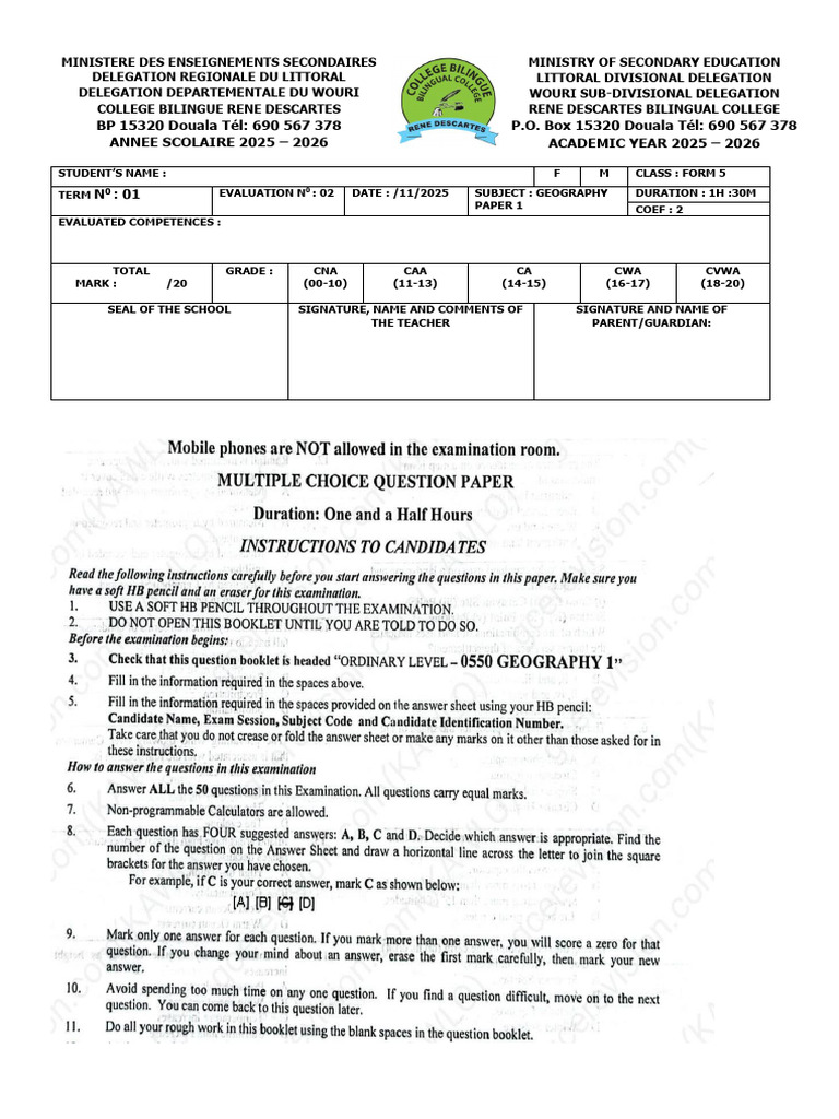 Form Five 1ST Term Exams | PDF | Cameroon | Environmental Science