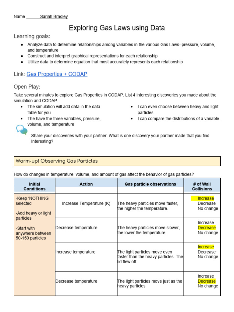 Exploring Gas Laws Using Data-Student Activity Sheet | PDF | Gases ...