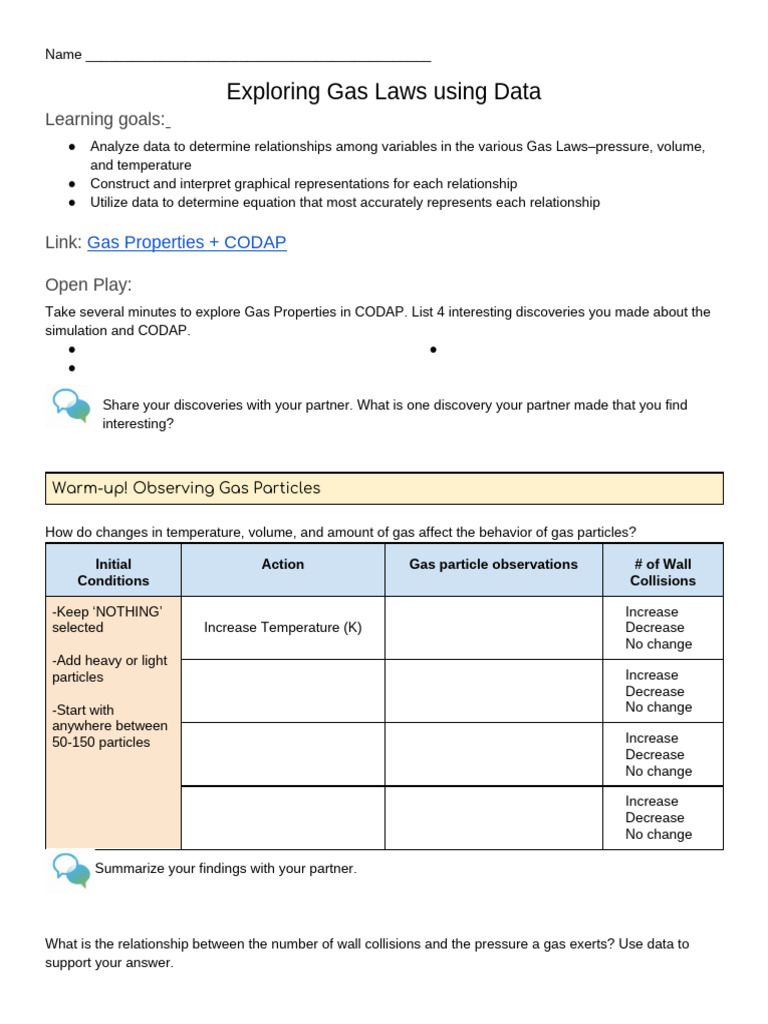 Exploring Gas Laws Using Data-Student Activity Sheet | PDF | Gases ...