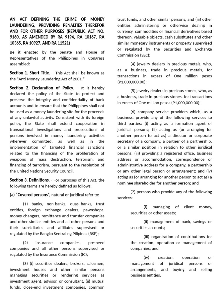 AN ACT DEFINING THE CRIME OF MONEY LAUNDERING | PDF | Money Laundering