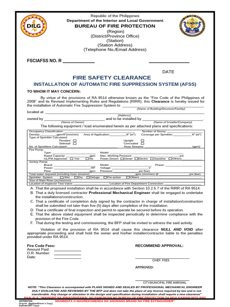 FSED 33F Fire Safety Clearance For Installation of Automatic Fire ...