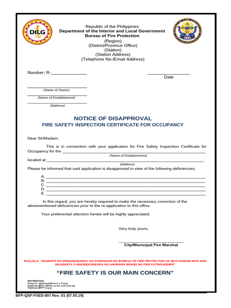 FSED 7F Notice of Disapproval NOD For FSIC For Occupancy Rev01 | PDF ...