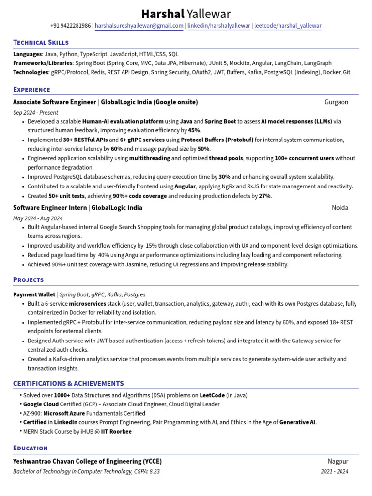 Harshal Yallewar Java Resume | PDF | Postgre Sql | Unit Testing