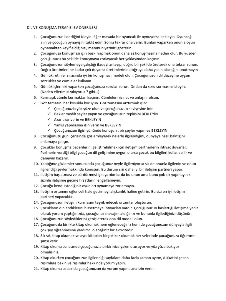 Dil Ve Konuşma Terapisi Ev Önerileri | PDF