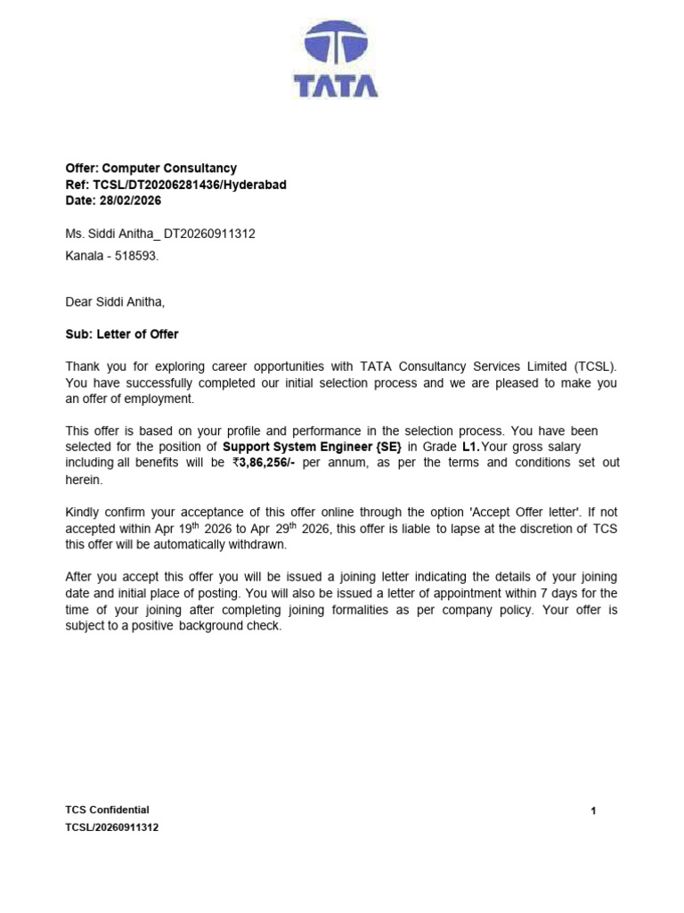 DT20260911312 TCS Offer Letter | PDF | Arbitration | Taxes
