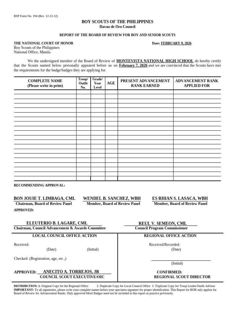 Rep Bor by Rank Form. 194 | PDF | Outdoor Recreation Organizations ...