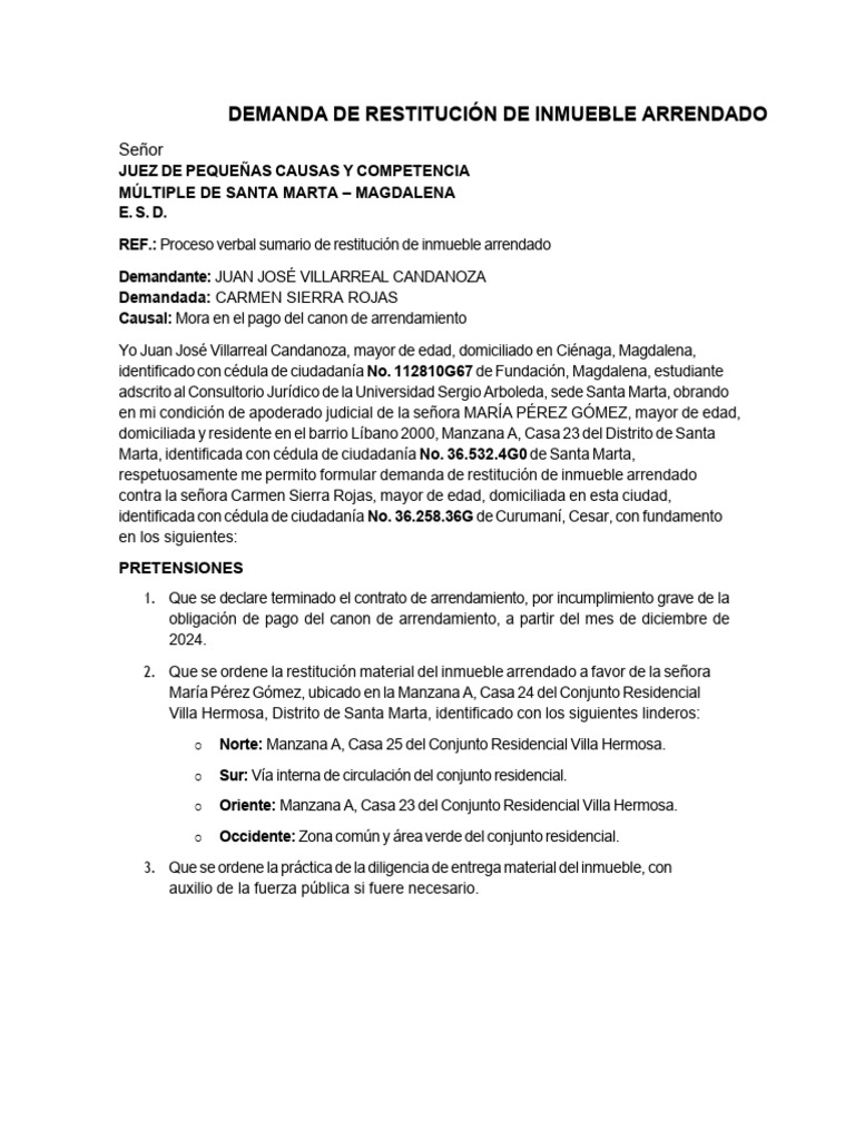 Demanda de Restitución de Inmueble Arrendado Corregida | PDF