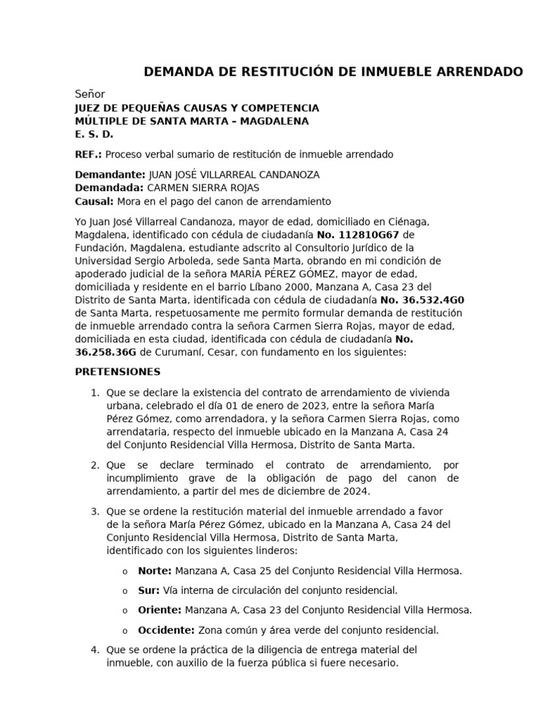 Demanda de Restitución de Inmueble Arrendado Corregida | PDF