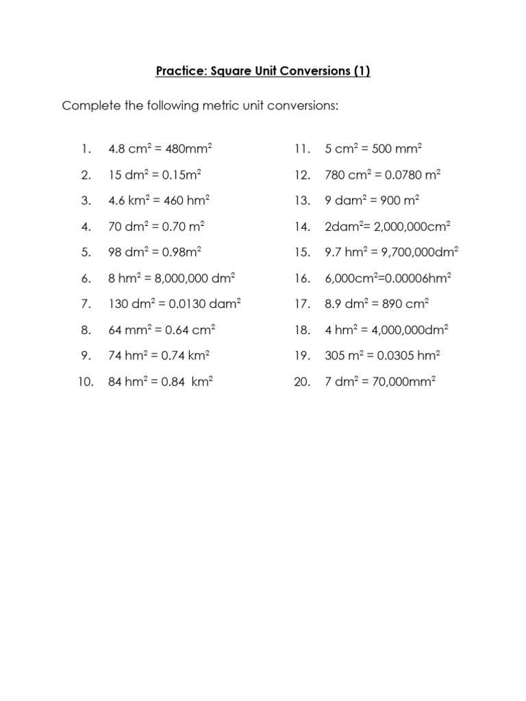 Practice - Square Unit Conversions | PDF