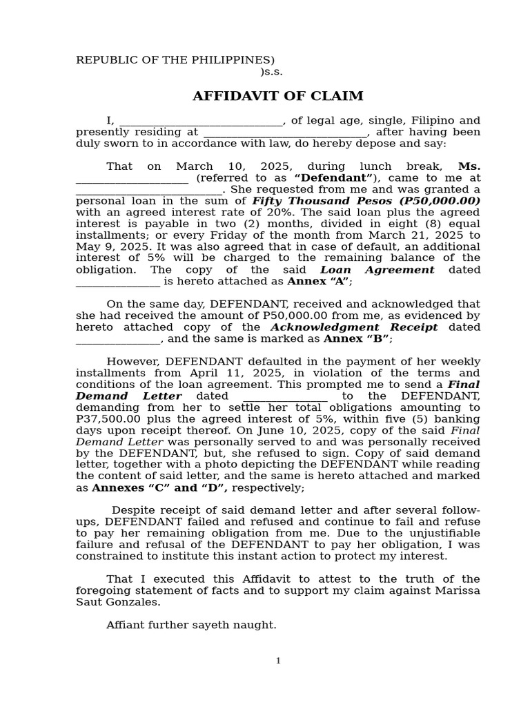 Affidavit of Claim - Sample | PDF | Affidavit | Interest