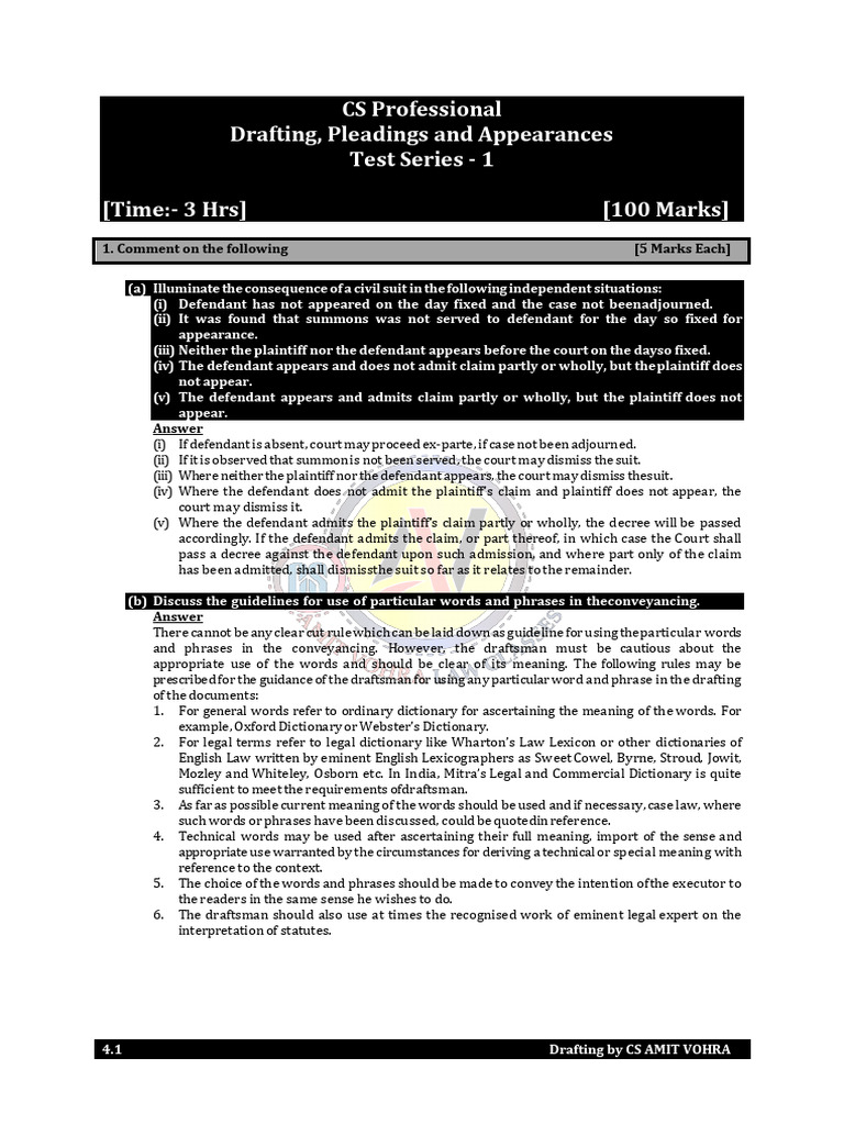 Drafting Test Series - 1 (Answer) | PDF | Guarantee | Plea