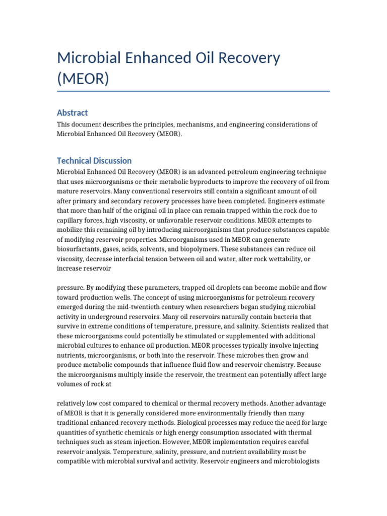 Oil Extraction MEOR Document | PDF | Enhanced Oil Recovery | Extraction ...