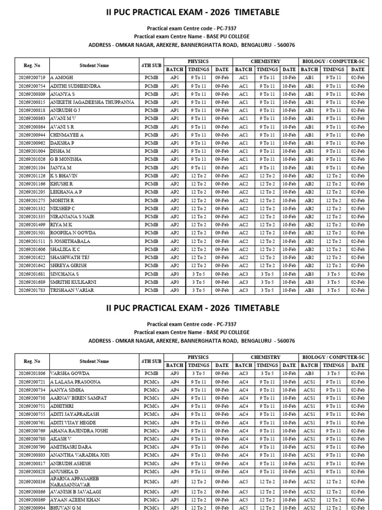 Science - Ii Puc Practical Exam - 2026 Timetable - Transcend Pu College ...