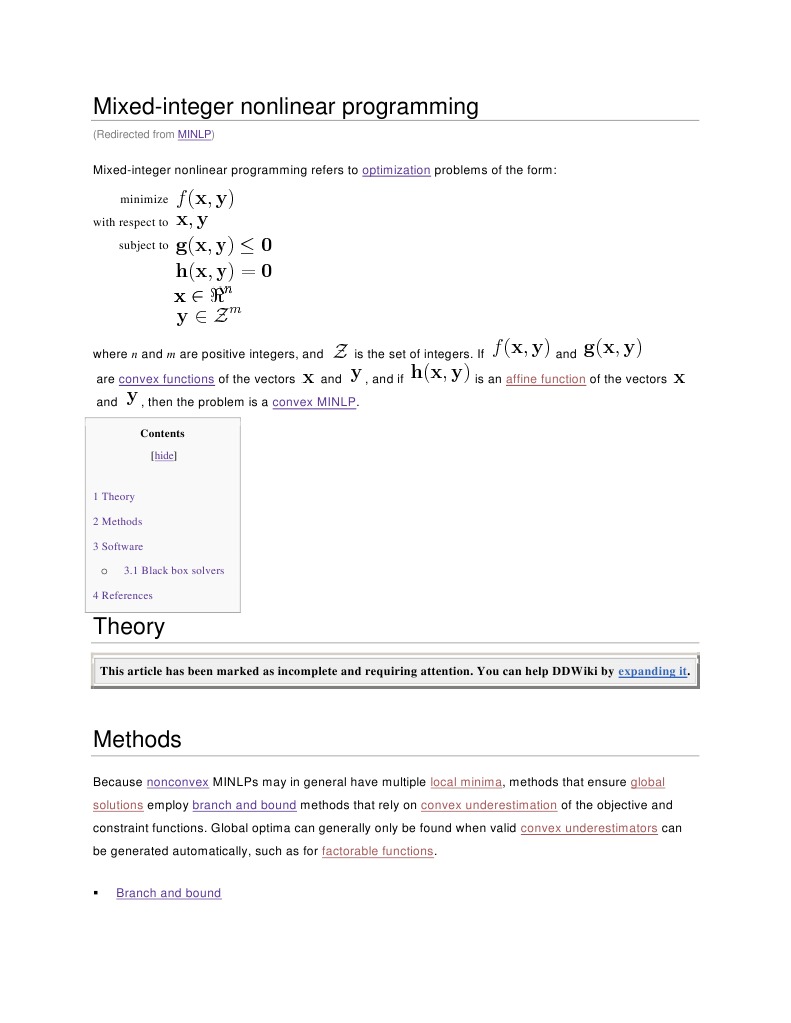 Mixed non integer programming nonlinear programming mathematical 