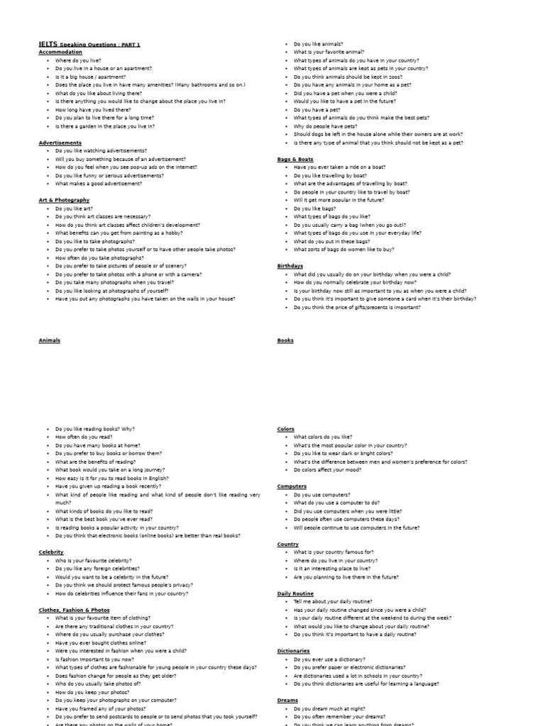 IELTS Speaking Questions. PART 1 | PDF | Photograph | Pet