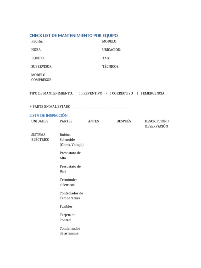 Check List Mantenimiento MiniSplit | PDF | Presión | Ingeniería mecánica