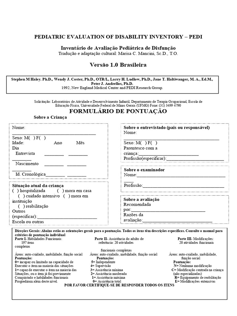 Pediatric Evaluation of Disability Inventory | PDF | Banheiro | Brincar