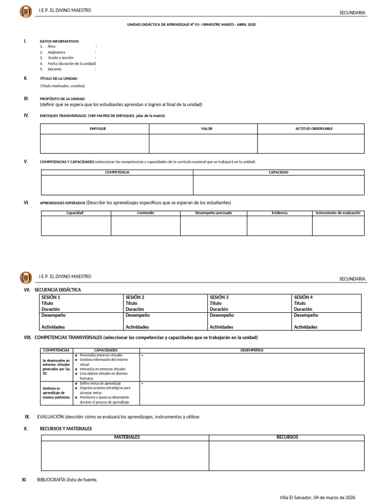 Unidad de Aprendizaje 2026 - 1 y 2-1sec | PDF | Aprendizaje | Evaluación
