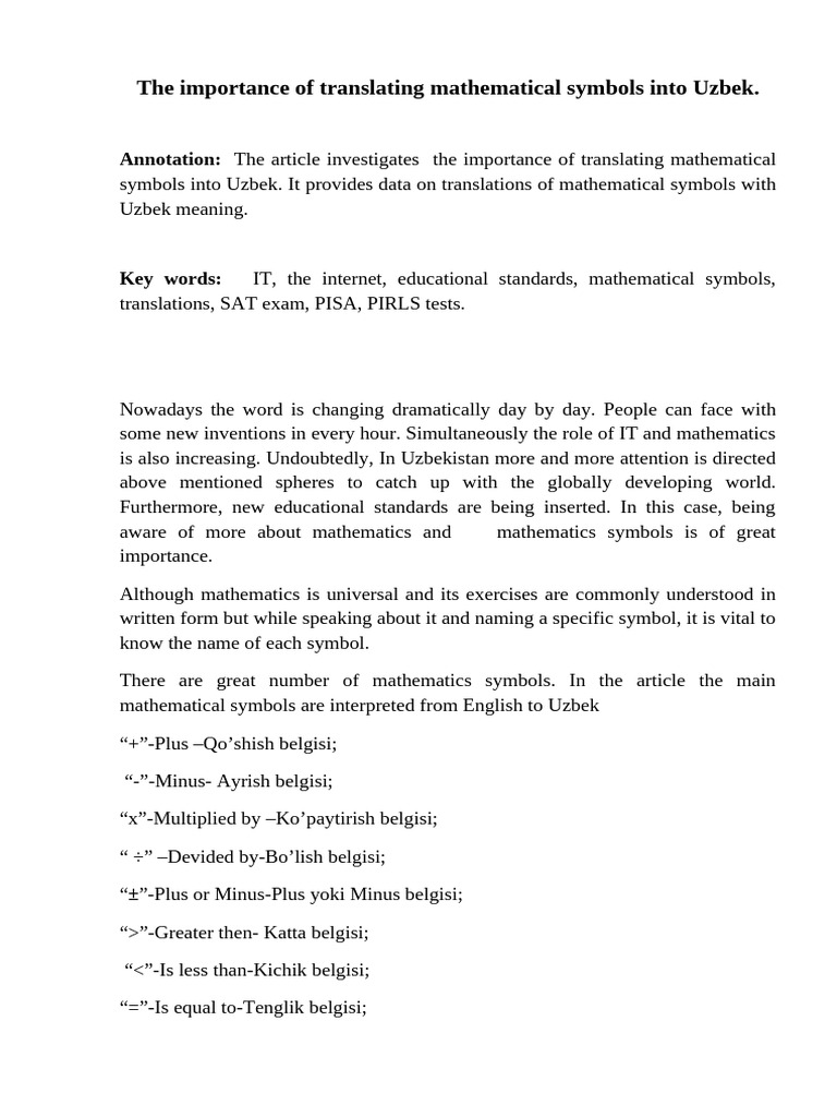 The Importance of Translating Mathematics Symbols Into Uzbek | PDF ...