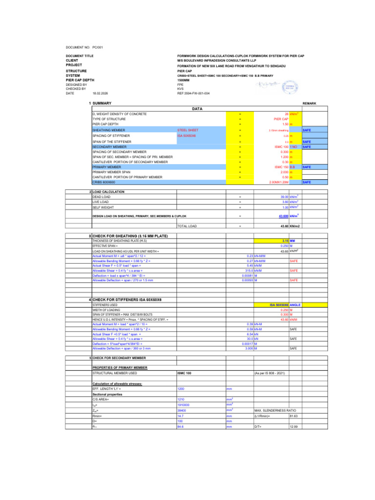 Formwork Design Calculation for Pier Cap | PDF | Bending | Applied And ...