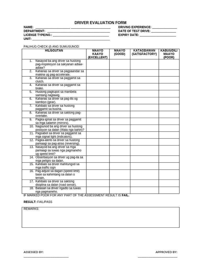 Driver Evaluation Form 1 | PDF