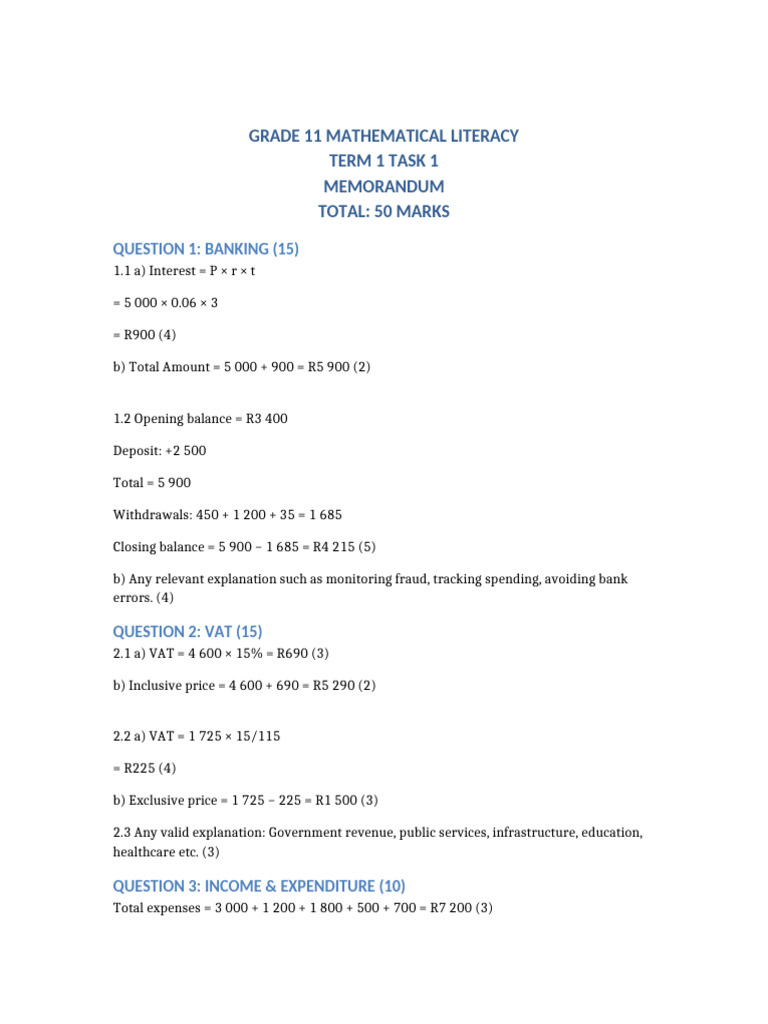 Grade 11 Mathematical Literacy Term1 Task1 Memo | PDF