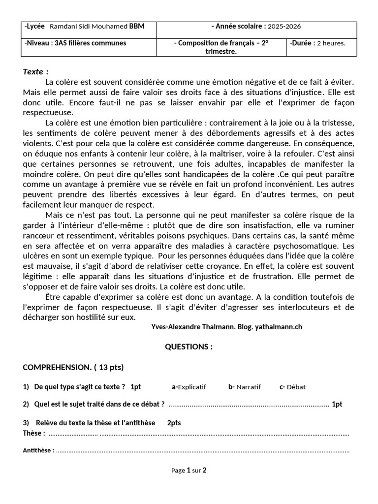 Compo. 2° Trim-3AS-2025 | PDF | Colère | Psychologie