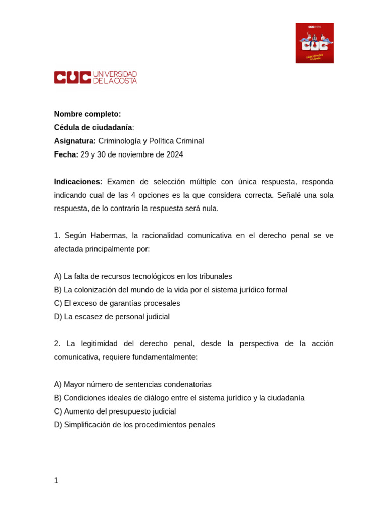 Parcial Final Criminología 2024-2 | PDF | Derecho penal | Crímenes