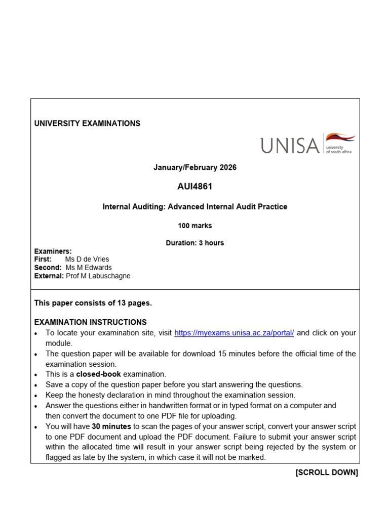 AUI4861 - Exam - Jan - Feb 2026 Final | PDF | Internal Audit | Audit