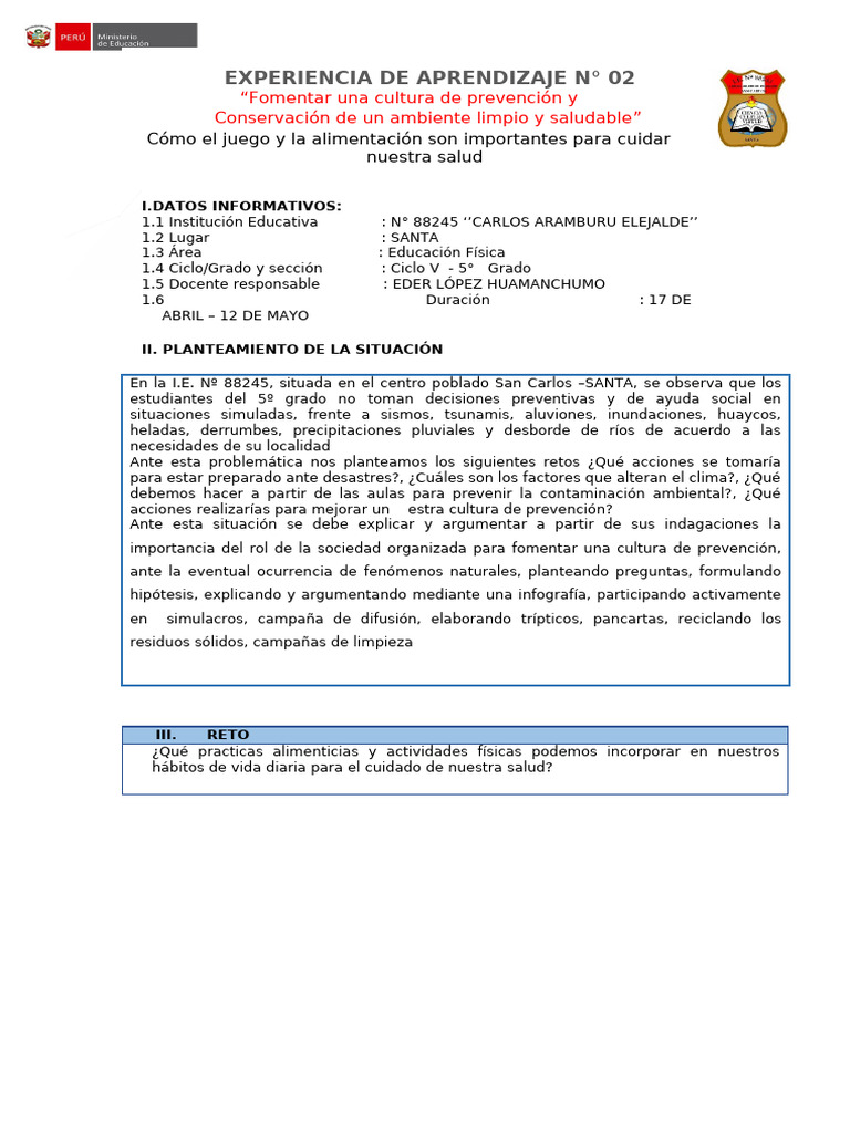 Eda Quintoo Grado Grado Primaria | PDF | Aprendizaje | Alimentos