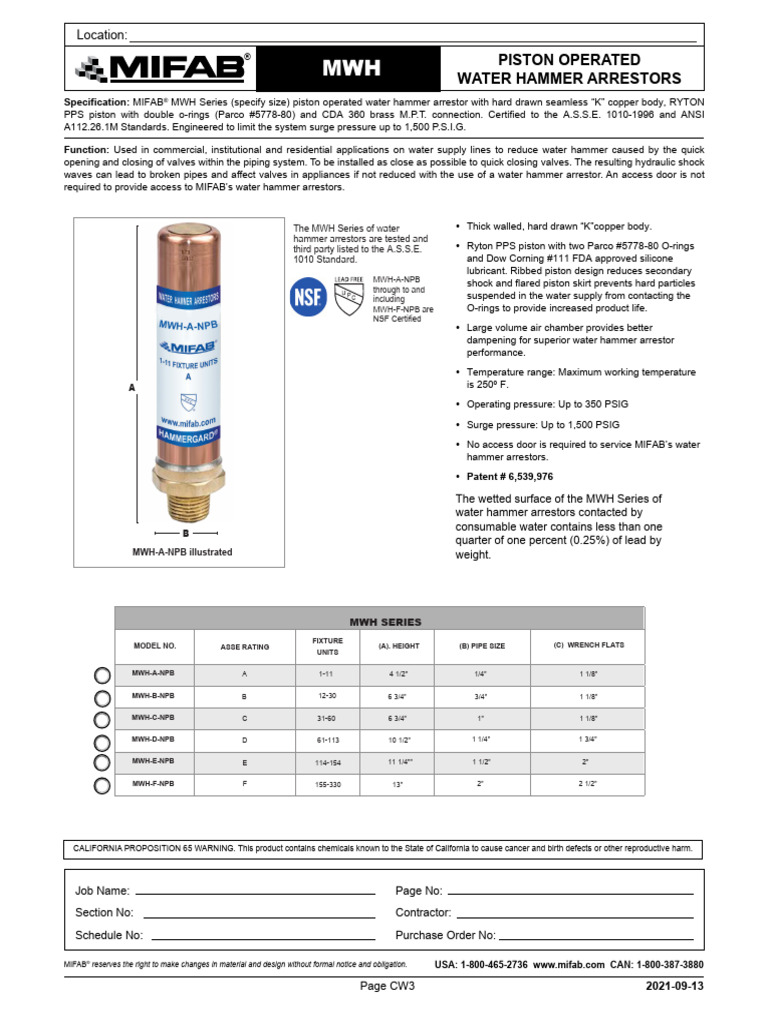 MWH Specification Sheet | PDF | Piston | Mechanical Engineering