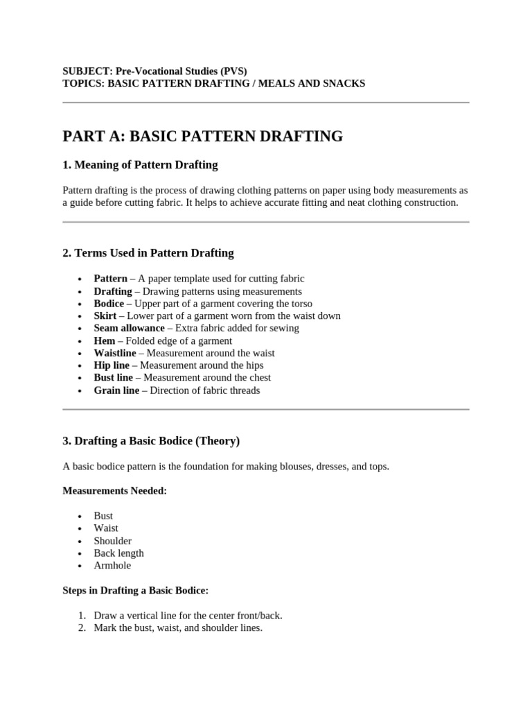Basic Pattern Drafting and Meals and Snacks Pvs Year 8 Spring | PDF ...