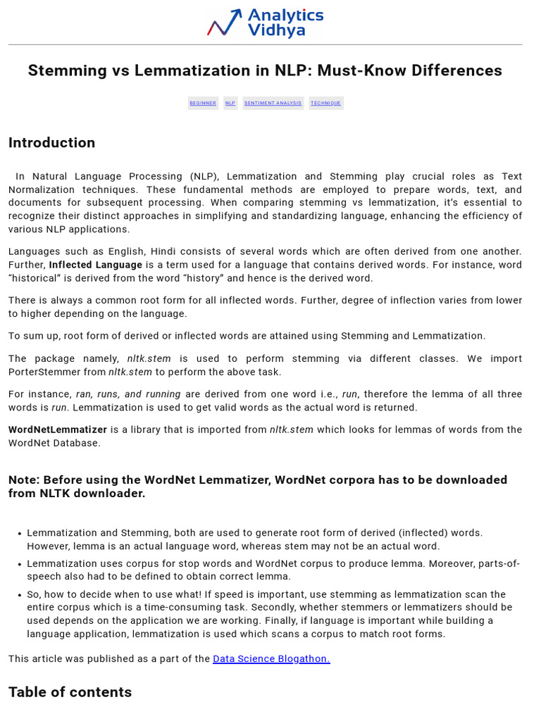 Stemming Vs Lemmatization in NLP - Must-Know Differences | PDF | Word ...