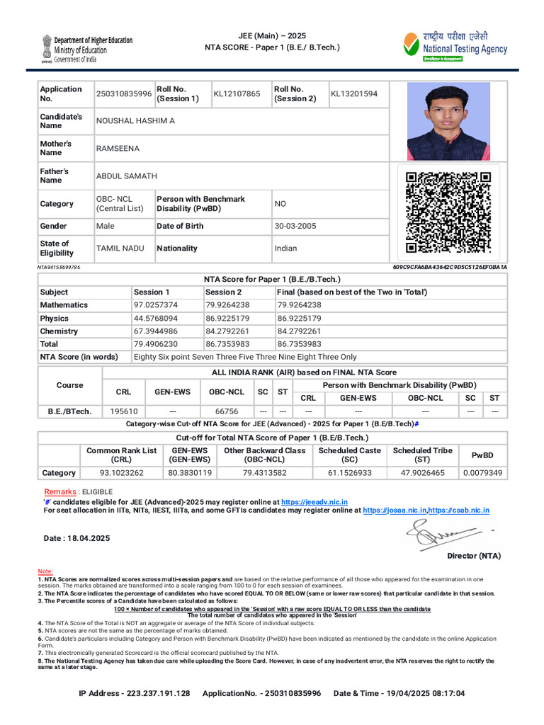 JEE Main 2025 Result | PDF | Student Assessment And Evaluation ...