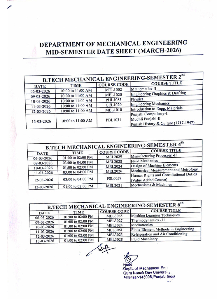 Mid Semester Date Sheet (March-2026) | PDF