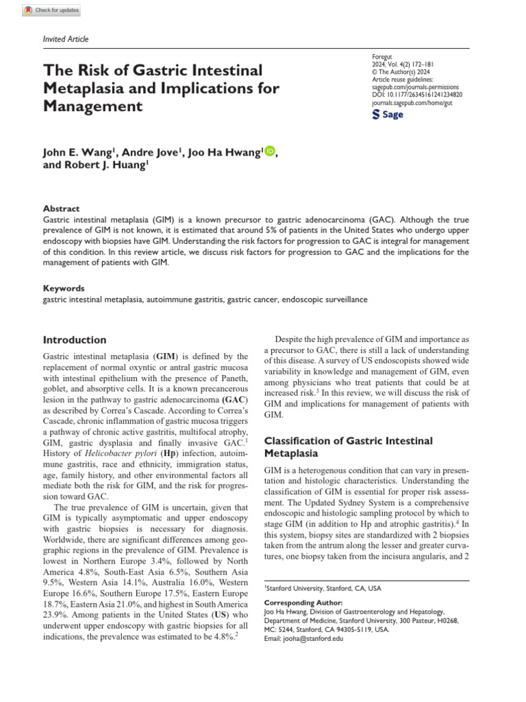 Risk of Gastric Intestinal Metaplasia and Implications For Management ...